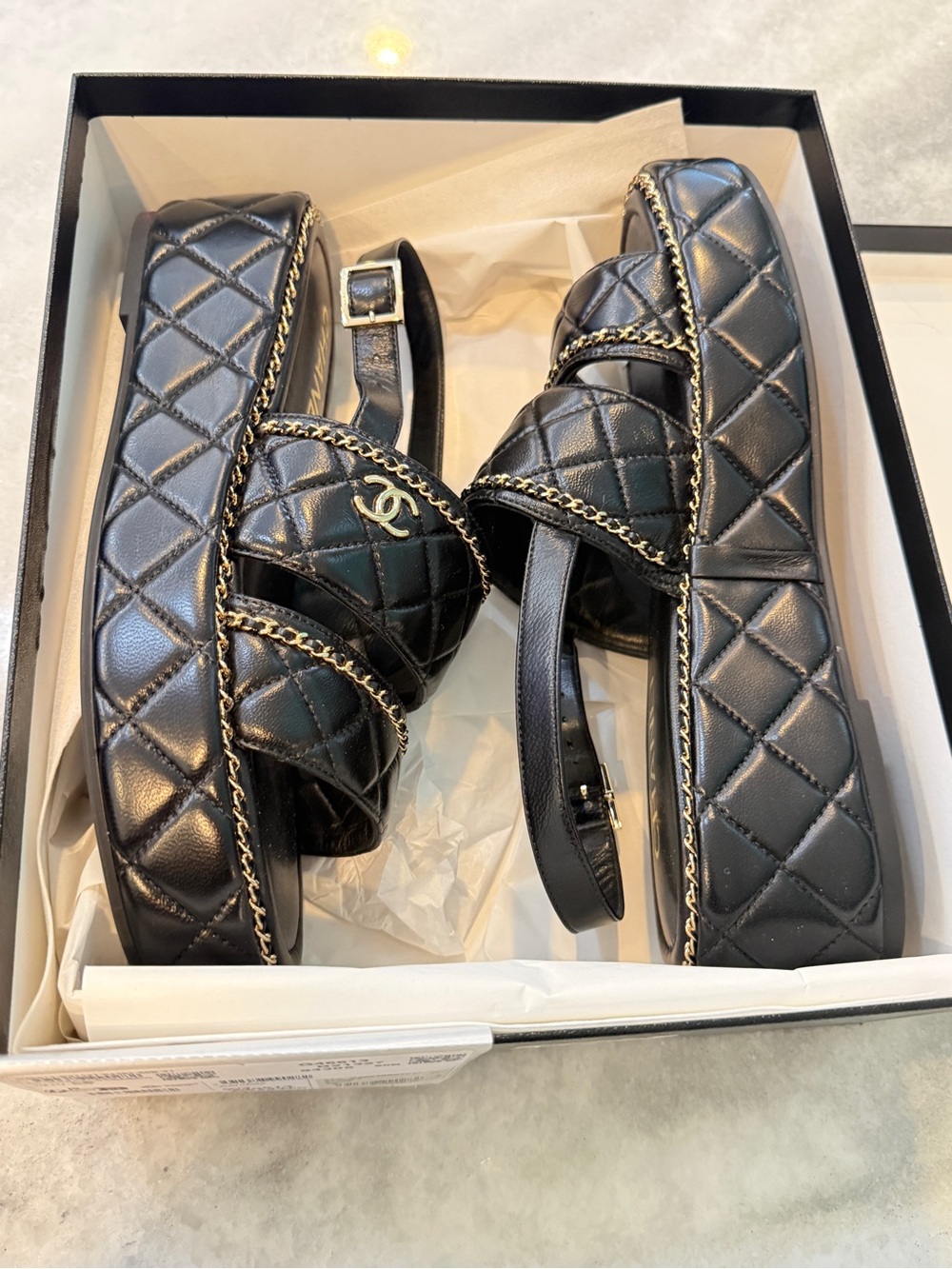 CHANEL Black Quilted Leather Platform Sandals with Gold Chain Trim NIB 25 A - Picture 4 of 8